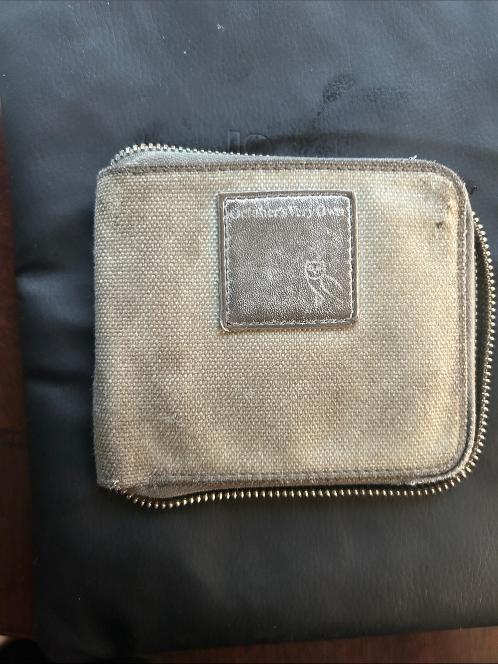 OVO Beige Canvas Zip Wallet with Leather Logo Patch